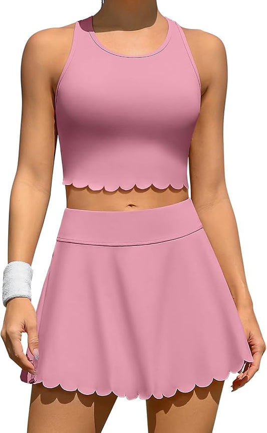 ATTRACO Tennis Outfits for Women Racerback Golf Dress Workout Dress | Athletic Skirt Set, Built-in Shorts, 2 Pockets, Scalloped, Racerback, High Waisted, Pickleball, Workout Set