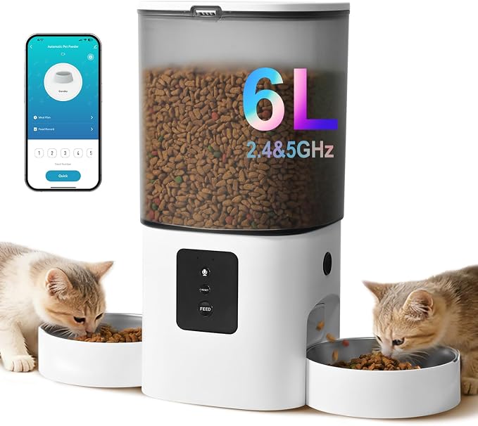 2.4G/5G Automatic Cat Feeder, 6L WiFi Cat Food Dispenser with 10s Voice Recorder, Double Bowl Pet Feeder up to 10 Meals per Day, Timed Feeder with Dry Food Sealed Ring (White)