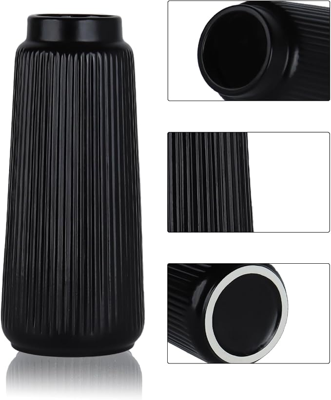 Black Ceramic Vase, 8 Inch Conical Flower Vase with Narrow Mouth for Pampas Grass, Modern Tapered Decorative Vase for Home Decor, Living Room Table, Shelf