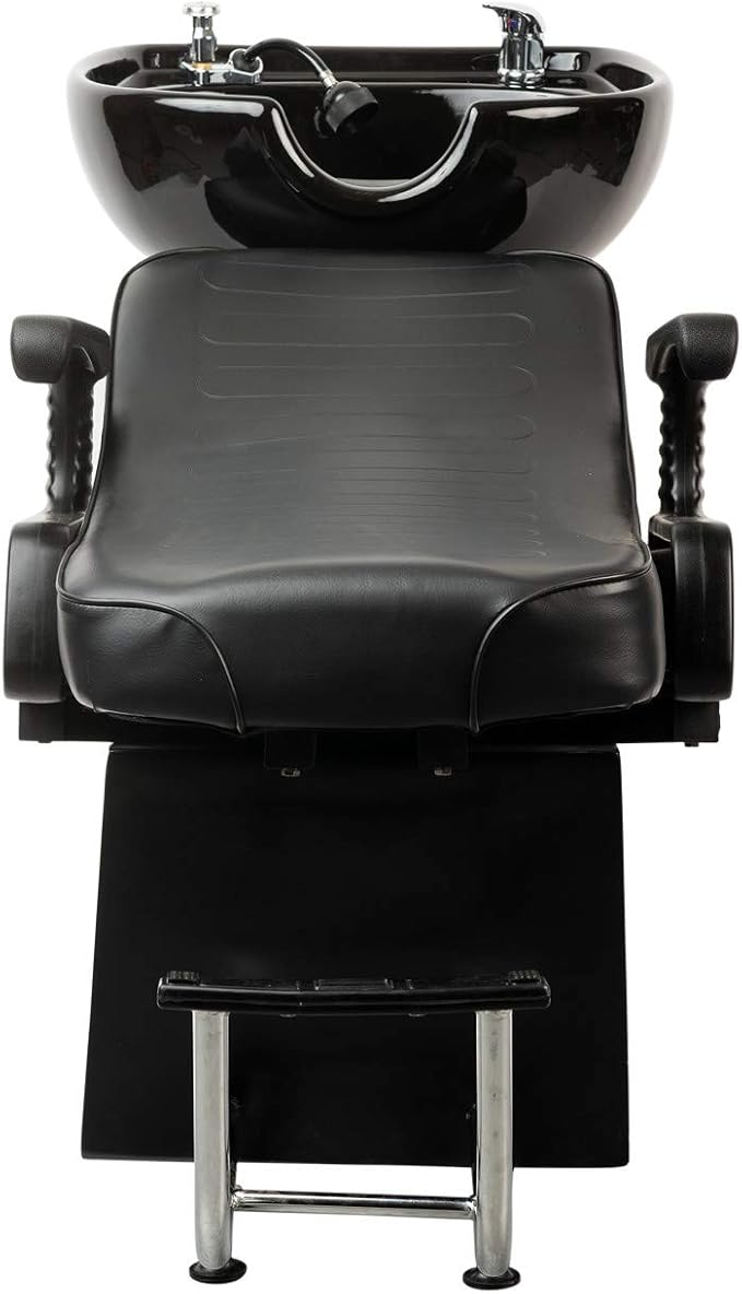 Buy-Rite Lounge Backwash Unit - Black Salon Shampoo Chair with Porcelain Sink, Adjustable Leg & Footrest, Ergonomic Headrest, Single Lever Faucet, Vacuum Breaker, TS-8012