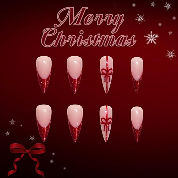 Christmas Nail press ons Red Fake Nails Long Stiletto False Nail with Bow Design Glitter Glue on Nails Artificial Acrylic Full Cover Stick on Nail for Women Girls Xmas Manicure 24Pcs