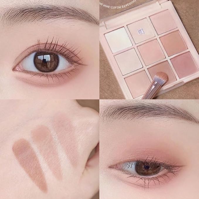 9 Colors Pink Eyeshadow Palette, Matte Nude Neutral Beige Brown Blendable Shades, Daily Eye Shadow Makeup
