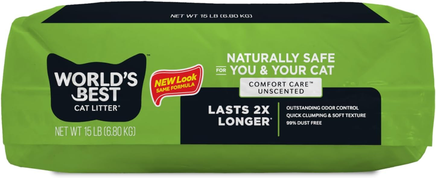 World's Best Cat Litter, Comfort Care, Unscented, Odor Control, 15 lb Bag | Gentle odor control for sensitive cats and lasts 2x longer; natural corn litter, quick clumping, flushable, 99% dust free