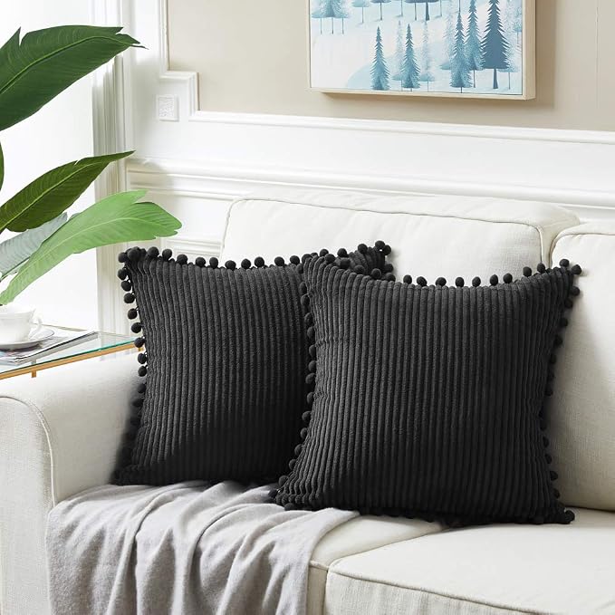 Fancy Homi Pack of 2 Black 20x20 Inch Decorative Throw Pillow Covers with Pom-poms, Soft Corduroy Solid Square Cushion Cases Set for Couch Living Room Bedroom Sofa Car 50 x 50 cm