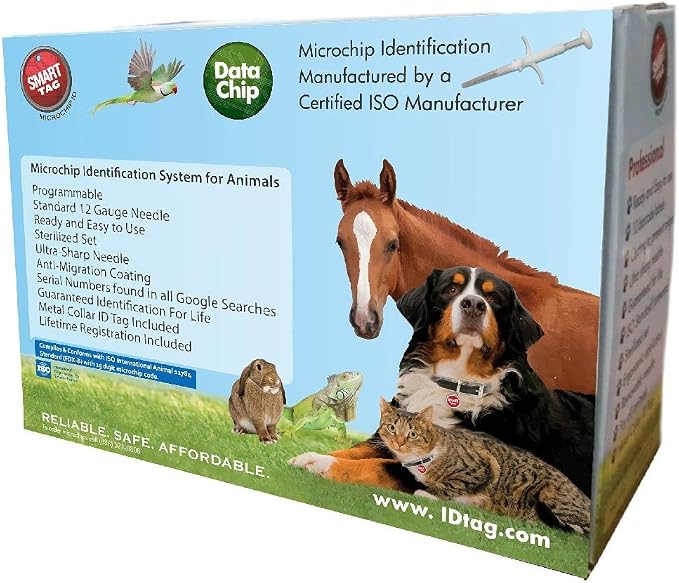 ISO Data Microchip with Lifetime Pet Recovery Service/24-7 US Call Center/Free Registration, Implanter & Metal ID Tag for Dogs, Cats, Horses & All Animals, 12 Gauge/25 Pack