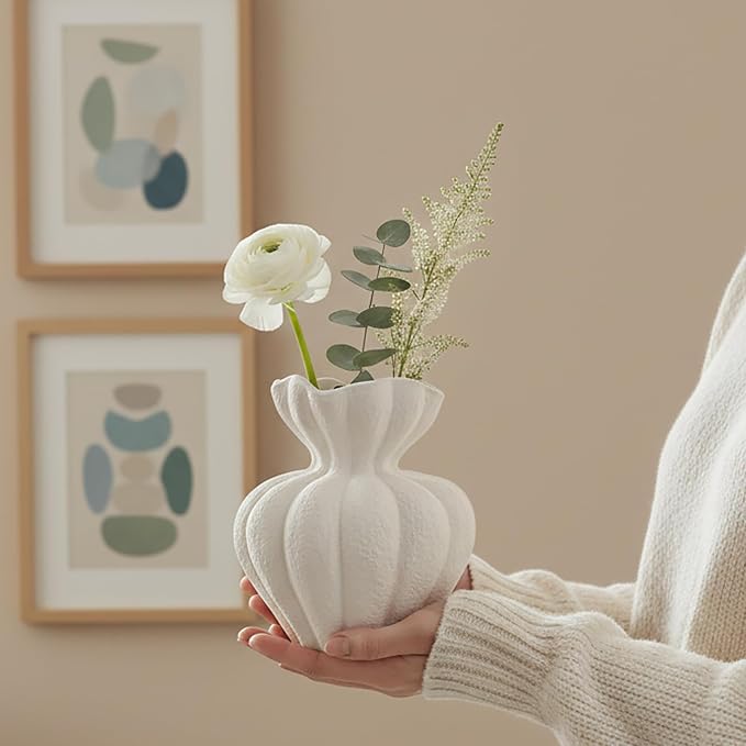 White Ceramic Vase, 6.8 Inch Modern Boho White Flower Vase for Home Decor, Unique Vase for Farmhouse Living Room Cabinet Table Centerpieces Wedding Decorations
