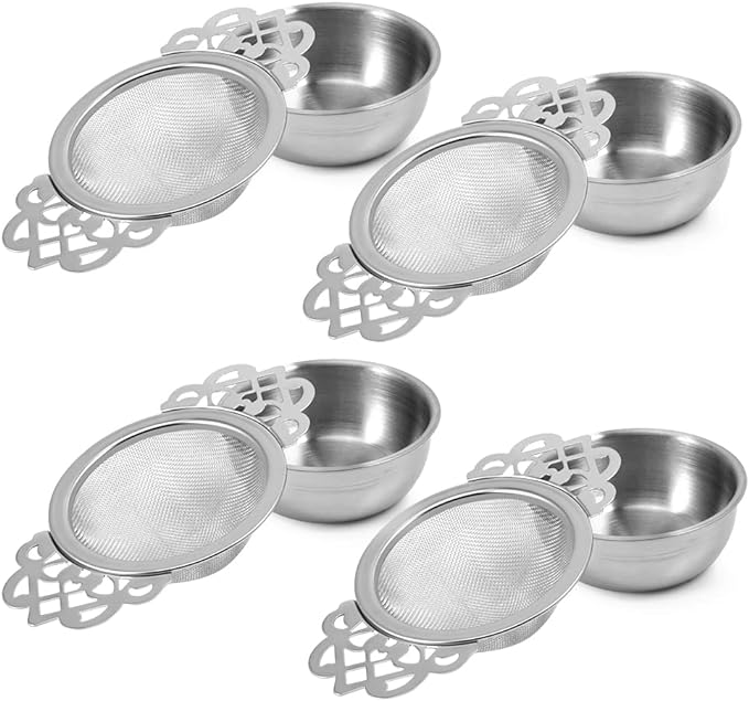Picowe 4 Pack Tea Strainer Bowl, Stainless Steel Sliver Tea Strainers for Loose Tea Fine Mesh for 2.5-4 Inch Cup Mouth