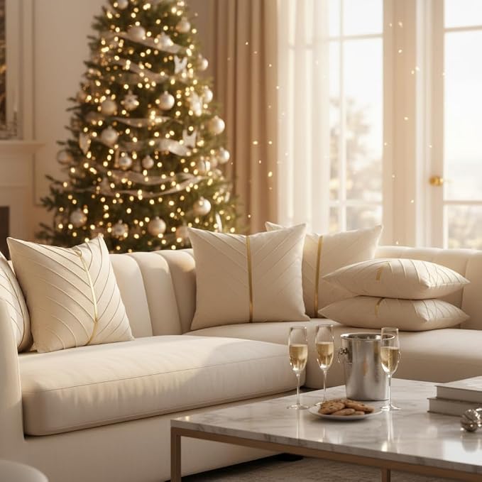 Velvet Throw Pillow Covers 24x24 inch Pack of 2 Gold Decor Cream | Soft Solid Pillow Covers,Modern Luxury Home Decor,for Couch Chair Sofa Bedroom Livingroom,Hidden Zipper,Ideal Gift,Easy Care