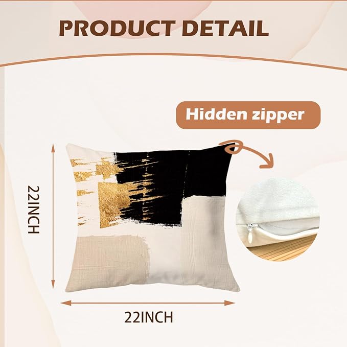Black Beige and Gold Abstract Pillow Covers 22x22 Double-Sided, Mid Century Modern Decorative Throw Pillow Covers for Living Room Bedroom, Modern Home Decor, Black and Gold Decor, Set of 2
