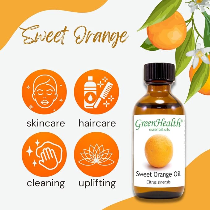 Sweet Orange Essential Oil – 4 fl oz (Pack of 2) – 100% Pure & Natural – Cold-Pressed – for Diffuser, Cleaning, Aromatherapy – Amber Glass Bottles with Glass Droppers – GreenHealth