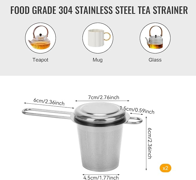 2pcs Tea Diffuser, Stainless Steel Tea Strainer Fine Mesh Tea Infuser with Double Long Handles Loose Leaf Tea Steeper for Mugs Cups Teapots (Silver)