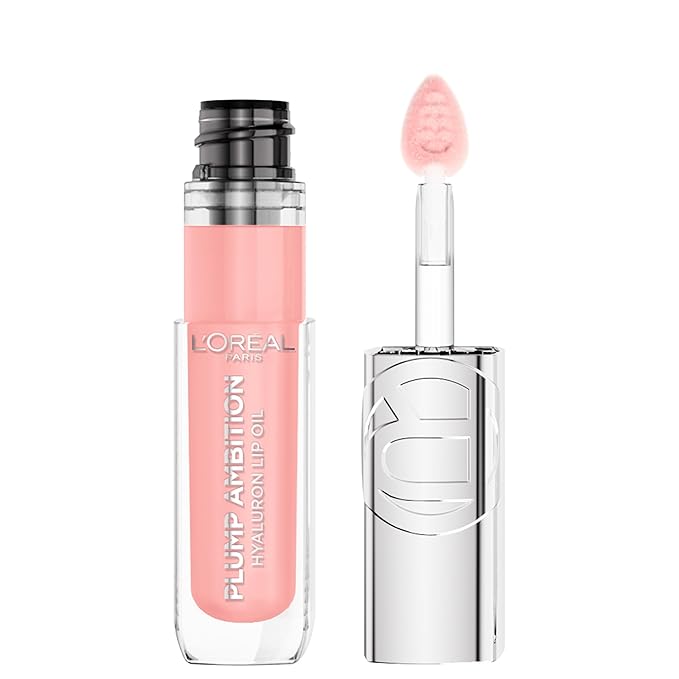L'Oreal Paris Plump Ambition Hyaluron Lip Oil, 24 HR Lip Gloss with Hyaluronic Acid, Volumizing Formula with Glass-Like Shine, Milky Nu 201, 0.16 Fl Oz