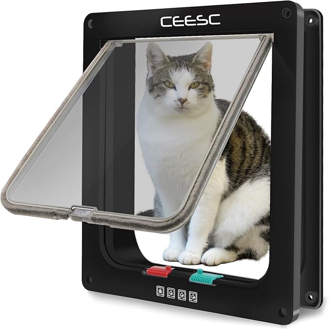 CEESC X-Large Cat Door for Interior/Exterior, Black, for Pets up to 25 lbs | Outer 11"x9.8", Weatherproof, 4-Way Locking, ABS material, for cats & small dogs, waist <24.8"