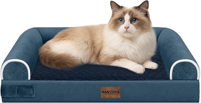 Orthopedic Dog Bed for Small Dogs, 20 x 14 Inch, Navy Blue | Egg crate foam for joint support, 3-sided bolster pet sofa, waterproof lining, washable cover, and non-skid base