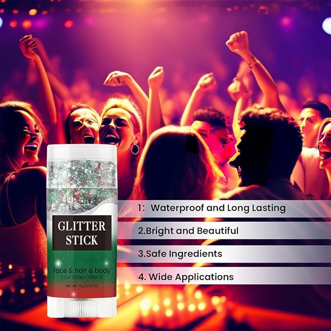 Christmas Body Glitter Stick, Sparkling Holographic Sequins Neon Outfit Party Christmas Accessories Hair and Body Glitter Gel Makeup.(Red Green and White)
