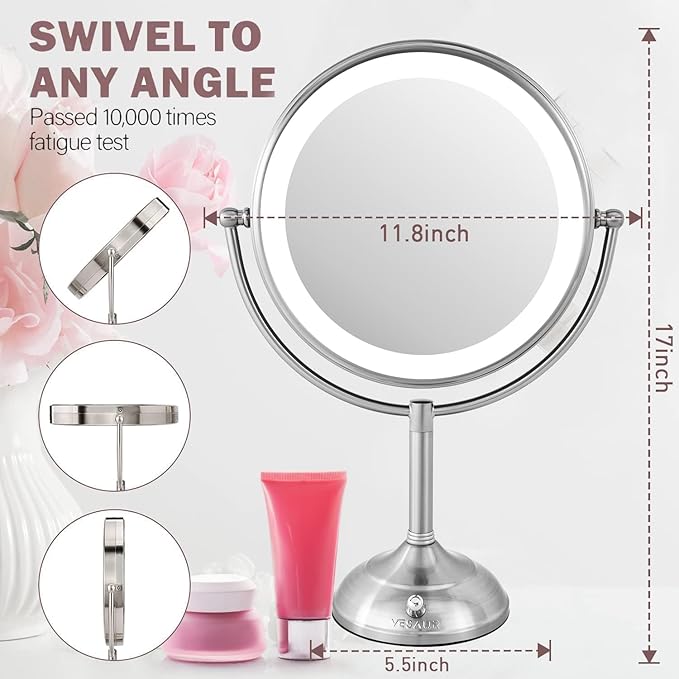 VESAUR 11" Large and 17" Tall Lighted Makeup Mirror, Double Sided 1X 10X Magnifying 3 Colors with Lights, Brightness Adjustable 360° Rotation Cosmetic Light up Mirror, Luxury Nickel