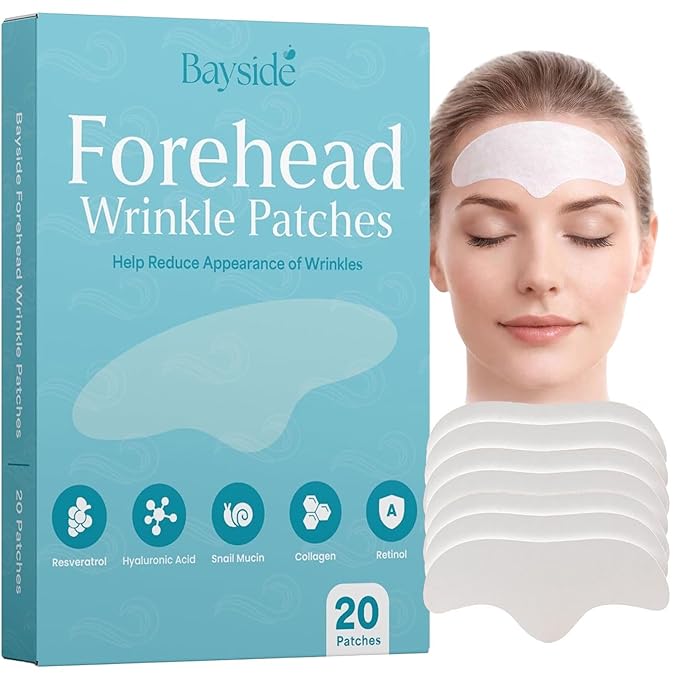 Bayside Forehead Wrinkle Patches – 20 Anti-Aging Forehead Pads with Resveratrol, Hyaluronic Acid, Snail Mucin, Collagen & Retinol for the Appearance of Forehead Lines