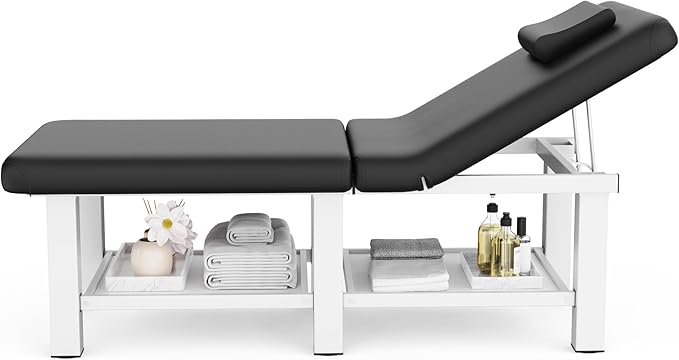 pouseayar Stationary Massage Table Folding Bed with Backrest for Treatment Table Physical Therapy Table Spa Facial Bed, Metal Frame PU Leather, 30.5'' Wide × 75'' Long - Black
