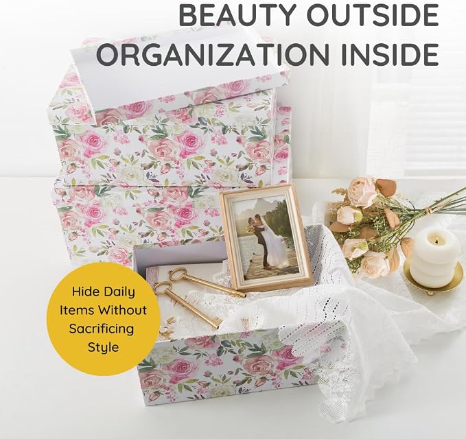 Soul & Lane - Summer Rose Decorative Storage Boxes with Lids, Set of 3 | Large Nesting Cardboard Keepsake Boxes for Photos and Gifts, Pink Vintage Rose Print Containers for Home Decor