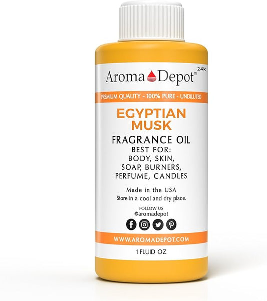 Aroma Depot 24k Egyptian Musk Fragrance Oil I Perfume I Skin Oil I Scented Oil. Can be Used for Candles, Bath Bombs, Body Butter, Creams, and lotions. Works for diffusers, Burners, or heaters. (1oz.)