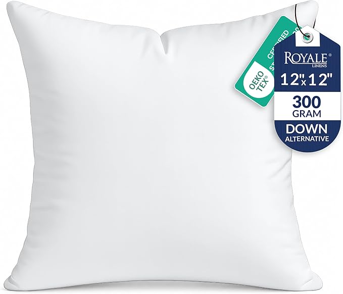 ROYALE LINENS 12 x 12 Pillow Insert - Down Alternative Throw Pillows Insert - Square Pillow Pack of 1 White - Bed & Couch Pillows - Inner Cushion for Bed, Cushion for Living Room - Shams Stuffer
