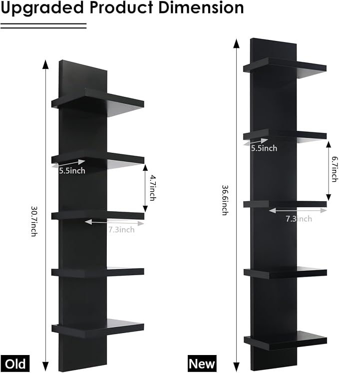 Small 5 Tier Wall Shelves, Black | Vertical Wall Decor Mount, Floating Shelves, Lack Shelf For Bedrooms, Living Rooms, Bathroom, Dressing Room and Entryway