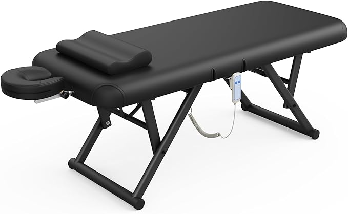 Electric Stationary Massage Table - Adjustable Massage Table with Manual Adjustable Backrest & Height, Treatment Tables with Electric Foot Lift, C-Shaped Pillow, Metal X-Frame, PU Leather for Beauty