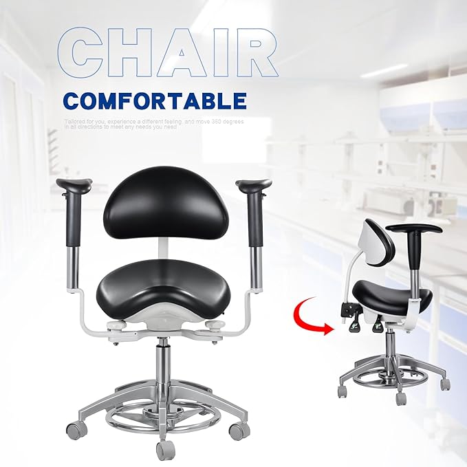 Medical Microscope Dynamic Saddle Chair Foot Controlled with Rotatable Armrest Rolling Seating Back Support Dentist Stool for Clinics,Dental Offices