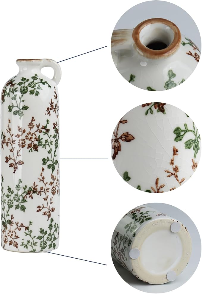 Green Floral Vase Set of 3 with Handles, Vintage Ceramic Jugs for Decor | Crackle glaze finish for farmhouse living rooms, shelves and table displays