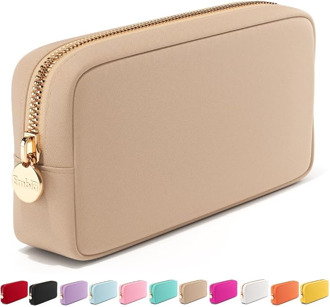Embla Medium Travel Makeup Bag and Waterproof Nylon Travel Toiletry Bag with Smooth Zipper, Compact Slim Cosmetic Pouch, Beige
