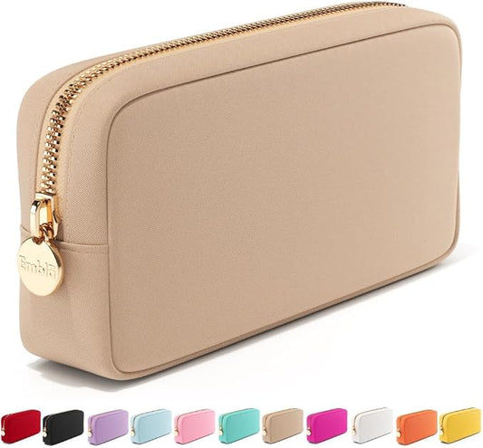 Embla Medium Travel Makeup Bag and Waterproof Nylon Travel Toiletry Bag with Smooth Zipper, Compact Slim Cosmetic Pouch, Beige