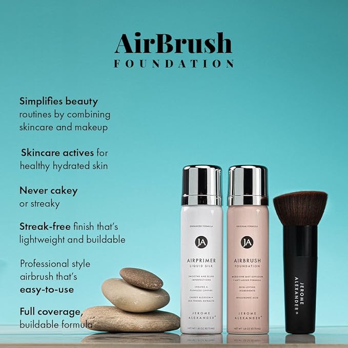 MagicMinerals AirBrush Foundation Set by Jerome Alexander – 3pc Set Includes Primer, Foundation and Kabuki Brush - Spray Makeup with Anti-aging Ingredients for Smooth Radiant Skin (Light)