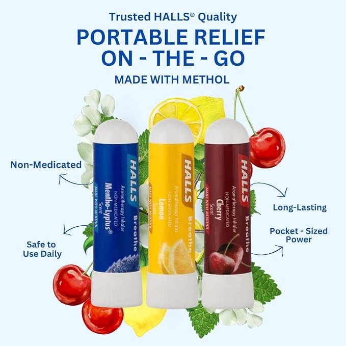 SpaRoom Halls Nausea Relief Nasal Stick – Breathe 3-Pack with Cherry, Lemon & Mentho-Lyptus, Aromatherapy Inhalers with Essential Oils for Sinus Relief, Stress, and Craving Support
