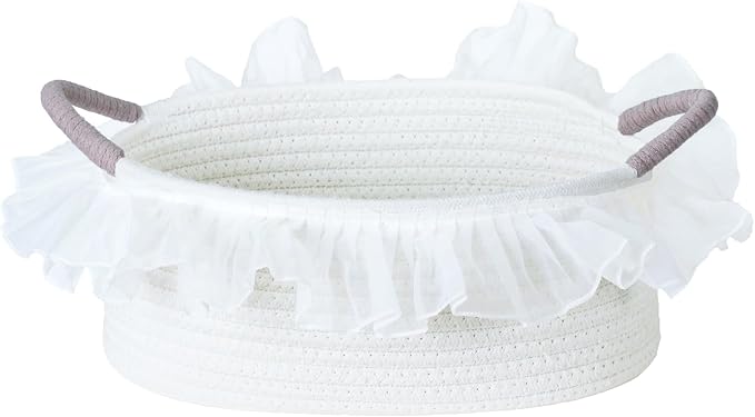 Yimi's Dream White Cotton Rope Gift Basket with Handle and Lace, 12 x 8 in | Woven Storage Basket with Handle for Baby Shower, Easter, Housewarming, First Communion, Wedding, Nursery, Towels, and Gifts