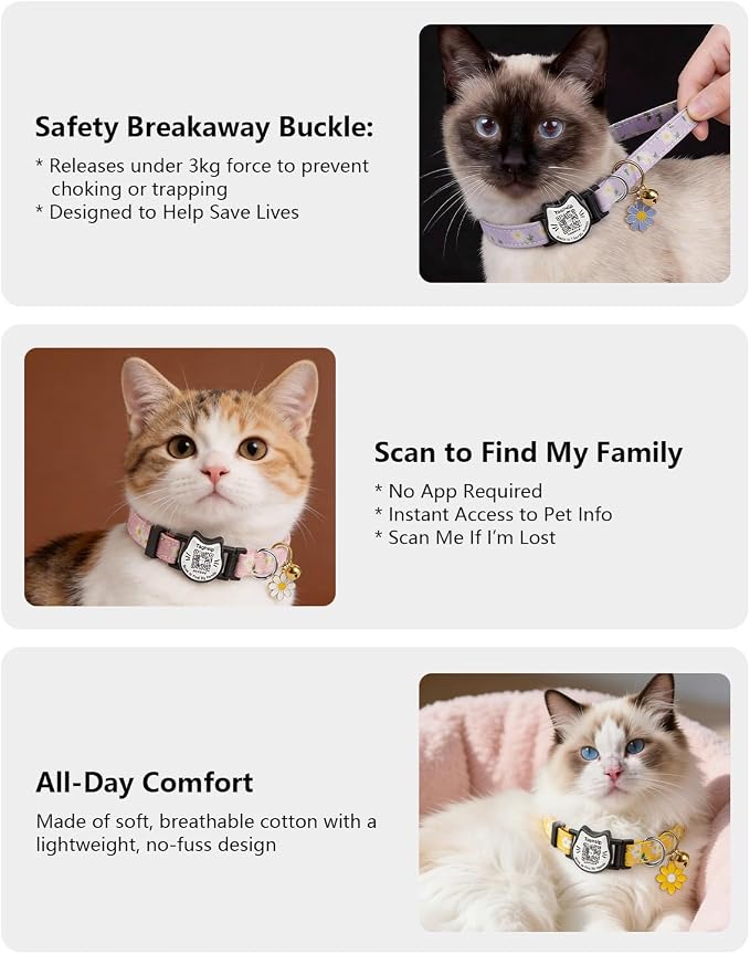 Breakaway Cat Collar with QR Code Tag and Bell (Yellow & Green, Pastoral Style)