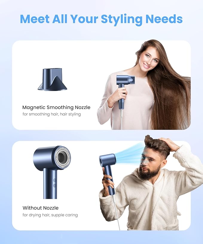 LAMPICK Hair Dryer, Ionic Blow Dryer, Professional High-Speed Hairdryer with 150,000 RPM Motor for Fast Drying, 5 Temps/3 Speeds Lightweight Hairdryer with Magnetic Nozzle for Home Travel Women Man