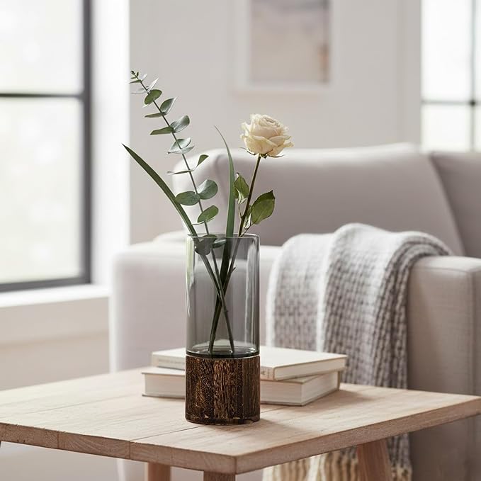 10" Wood Glass Vase | Wooden Base, Cylindrical, Flower Vase