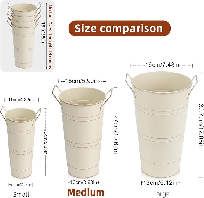 Notakia 10.62 Inch Galvanized Metal Vases Farmhouse French Flower Bucket Vases for Cut Flowers for Home Decor and Wedding Table Centerpiece Decorations (Medium Size Beige 4Pcs)