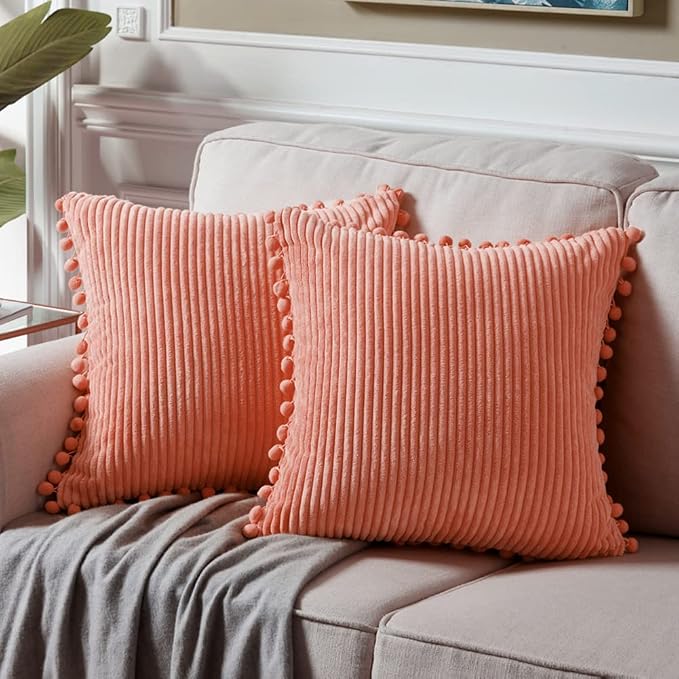 Fancy Homi Pack of 2 Coral Decorative Throw Pillow Covers 20x20 Inch with Pom-poms for Living Room Couch Bedroom, Soft Corduroy Peach Solid Square Cushion Case 50x50 cm, Rustic Farmhouse Home Decor