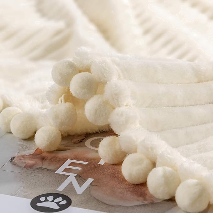 DISSA Fleece Blanket Queen Size – 90x90, Beige - Soft, Plush, Fluffy, Fuzzy, Warm, Cozy – Perfect Throw for Couch, Bed, Sofa - with Pompom Fringe - Flannel Blanket