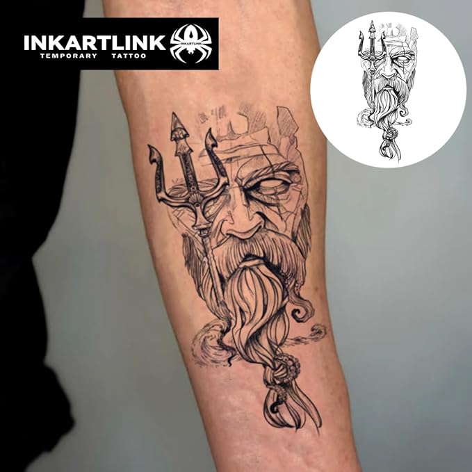 INKARTLINK Semi Permanent Tattoo, Temporary Tattoo, Beautiful and Realistic Design, Fun Tattoo Experience, Cruelty-free, Non-reflective, Waterproof (Poseidon)