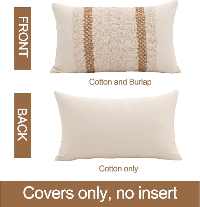 Lumbar Throw Pillow Covers Set of 1 (Beige, 12x20 Inch) | Linen Cotton Soft Cozy, Decorative Sofa Couch Pillow Cases, Textured Woven Single Striped, Boho Sytle for Living Room
