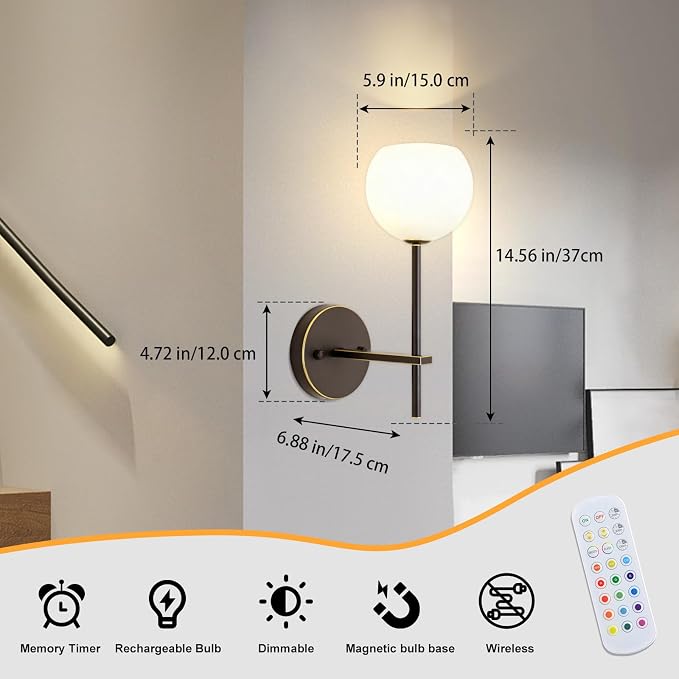 Brown Gold Battery Operated Wall Sconces Set of 2, Rechargeable Wireless Wall Lights with Milky White Frosted Glass, 12 RGB and 3CCT Dimmable, Wall Lamps with Remote for Bedroom Living Room Hallway