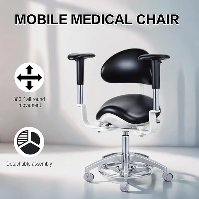 Medical Microscope Dynamic Saddle Chair Foot Controlled with Rotatable Armrest Rolling Seating Back Support Dentist Stool for Clinics,Dental Offices