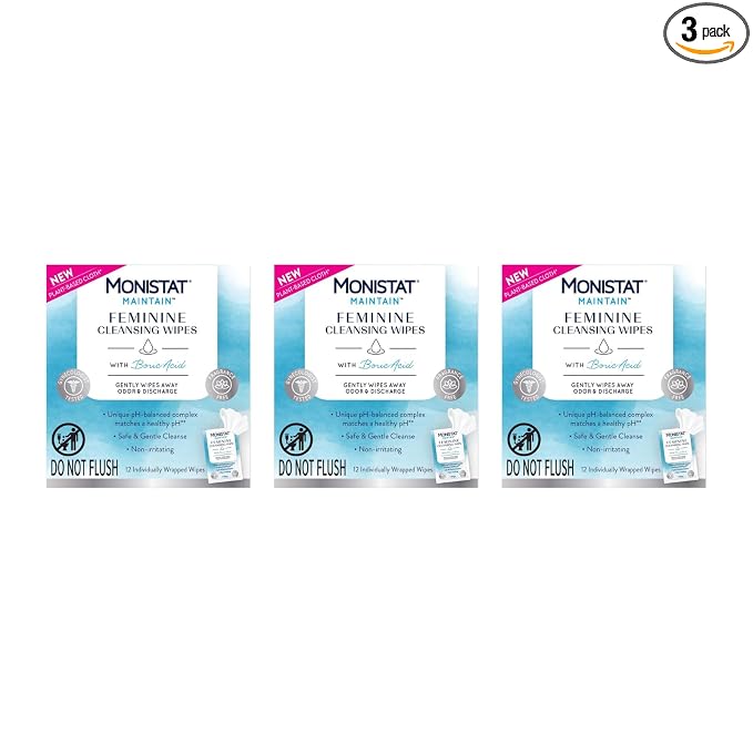 Monistat Maintain Feminine Wipes for Feminine Care, Fragrance Free, 12 CT (Pack of 3)