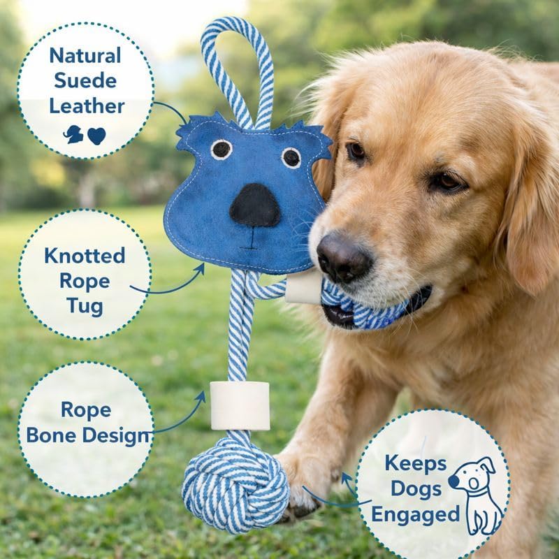 Squirrel Shape Dog Rope Toy with Natural Suede Leather, Interactive Tug and Chew Toy for Medium and Large Dogs, Knotted Cotton Rope for Teething, Fetch and Daily Indoor Play
