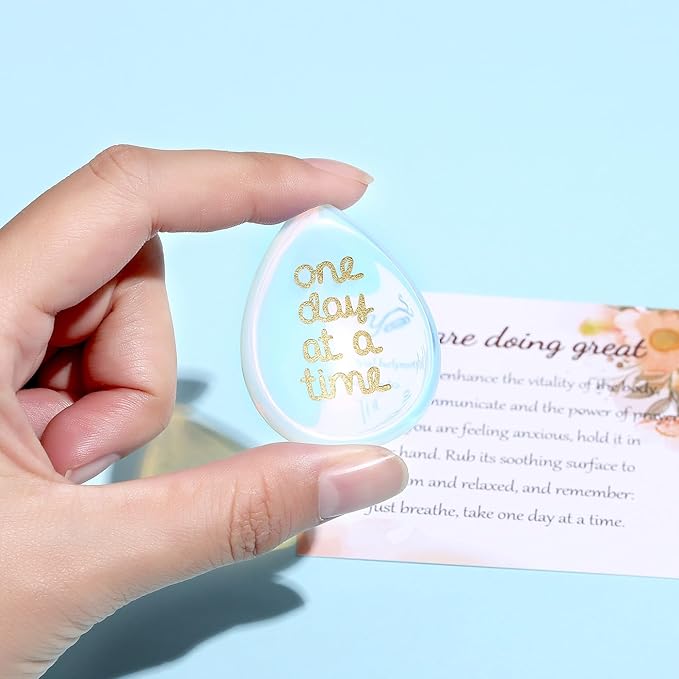 One Day at A Time Opal Thumb Worry Stone for Anxiety Crystals Hand Thumb Stones Pocket Thinking of You Gifts for women Inspirational Worry Stones for Stress Relief You Got This Sobriety Gifts for Her