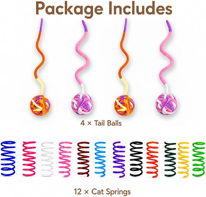 Cat Toys for Indoor Cats, 4 Yarn Balls with Tails & 12 Colorful Springs
