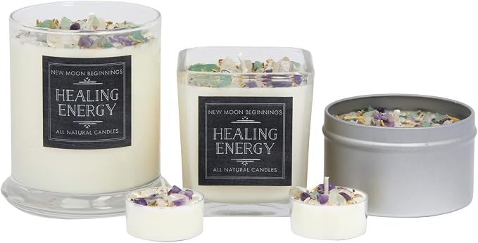 New Moon Beginnings Healing Candle - Negative Energy Cleansing - Soy Aromatherapy - Handmade with Crystals & Herbs - 12oz Glass Jar
