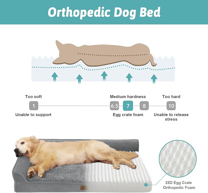 COZY KISS Orthopedic Dog Bed for Medium Small Size Dogs, L Shaped 30x20 in | Non-Slip Bottom Soft Pet Sofa with Washable Removable Waterproof Cover, Egg-Crate Foam Couch with Portable Handle, Grey